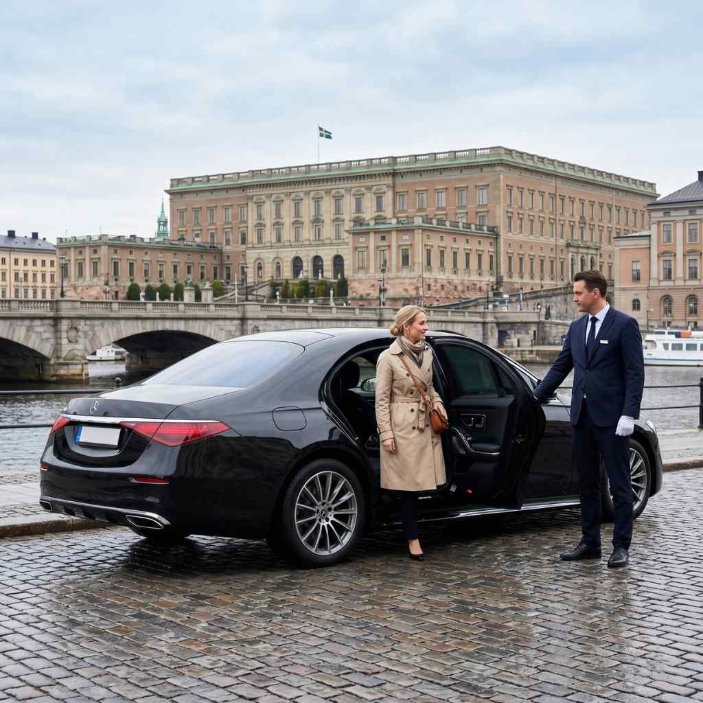 Chauffeur opening the car door near the Royal Palace